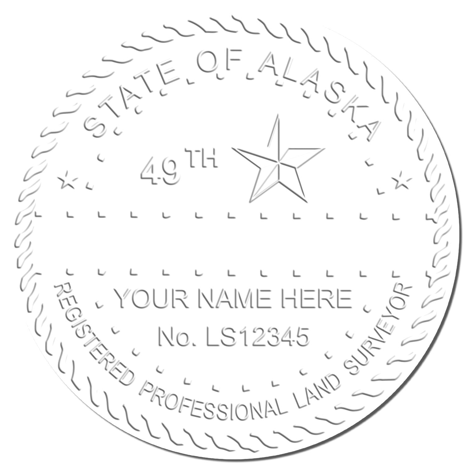 This paper is stamped with a sample imprint of the State of Alaska Soft Land Surveyor Embossing Seal, signifying its quality and reliability.