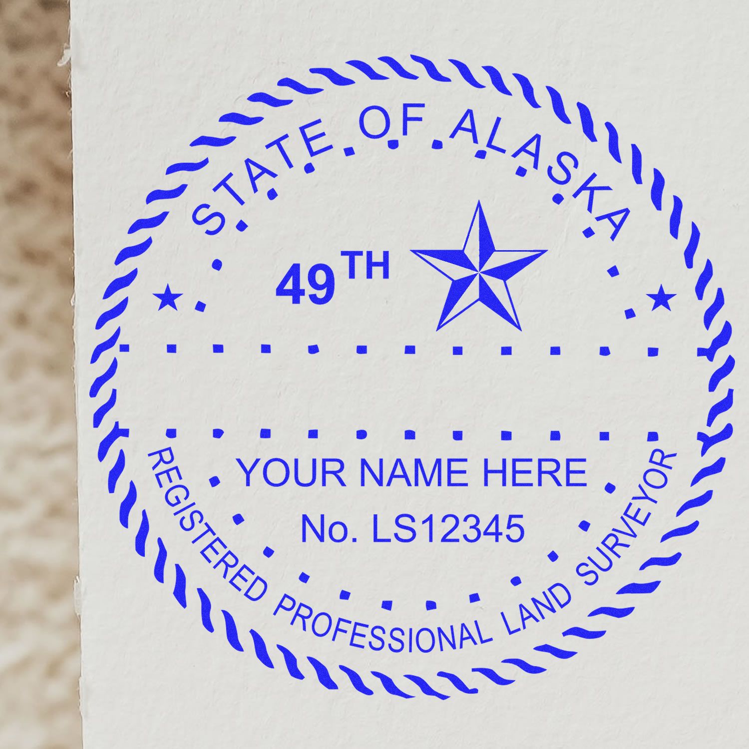 Digital Alaska Land Surveyor Stamp, Electronic Seal for Alaska Land Surveyor, featuring a blue circular design with customizable details.