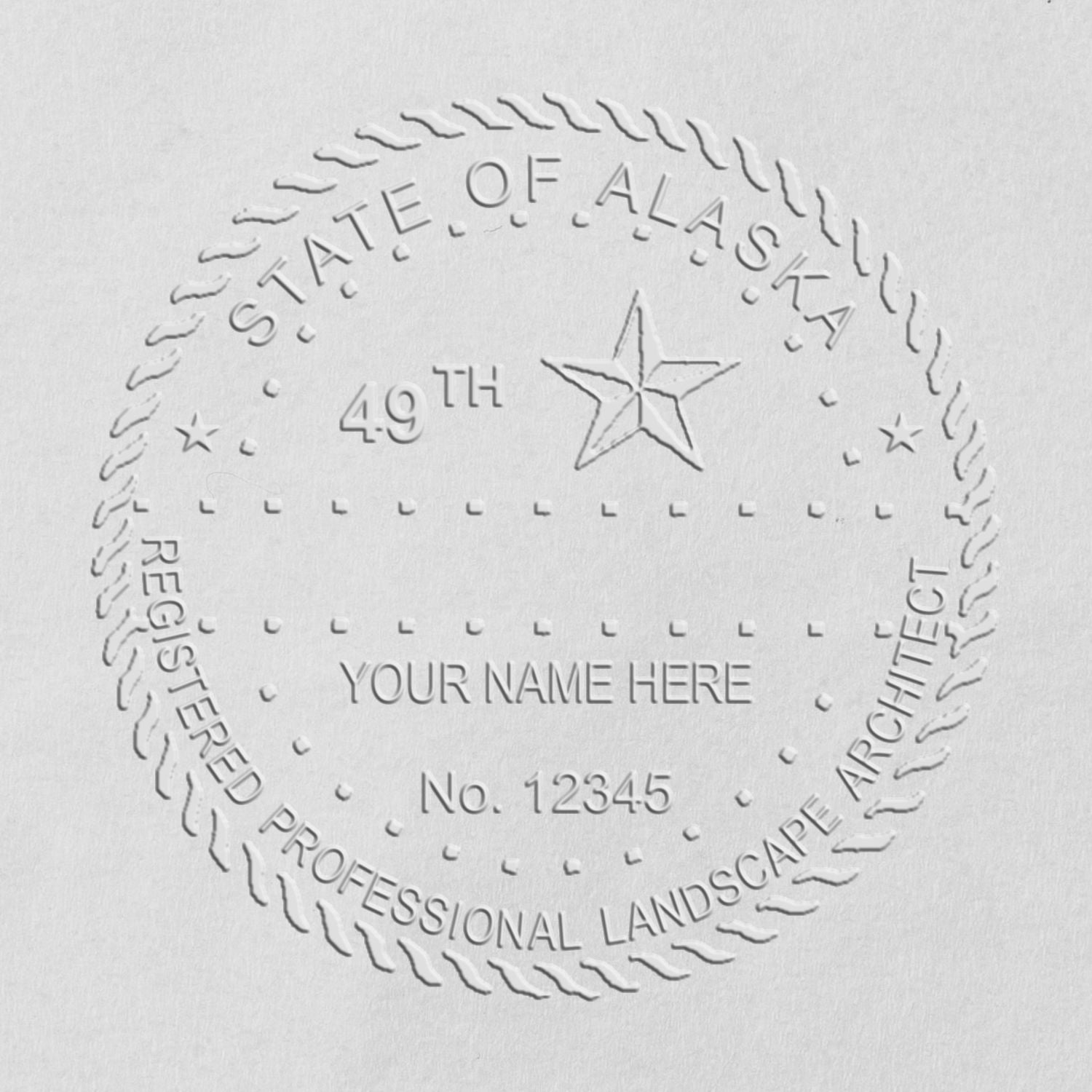 A stamped impression of the State of Alaska Handheld Landscape Architect Seal in this stylish lifestyle photo, setting the tone for a unique and personalized product.