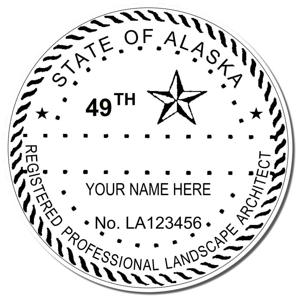 An alternative view of the Digital Alaska Landscape Architect Stamp stamped on a sheet of paper showing the image in use
