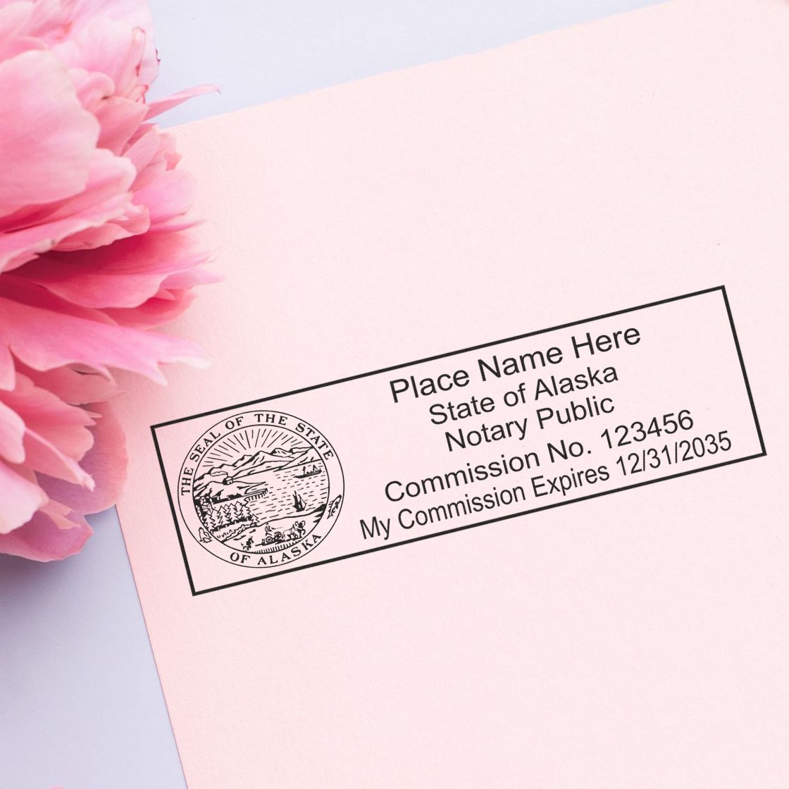 The Super Slim Alaska Notary Public Stamp stamp impression comes to life with a crisp, detailed photo on paper - showcasing true professional quality.