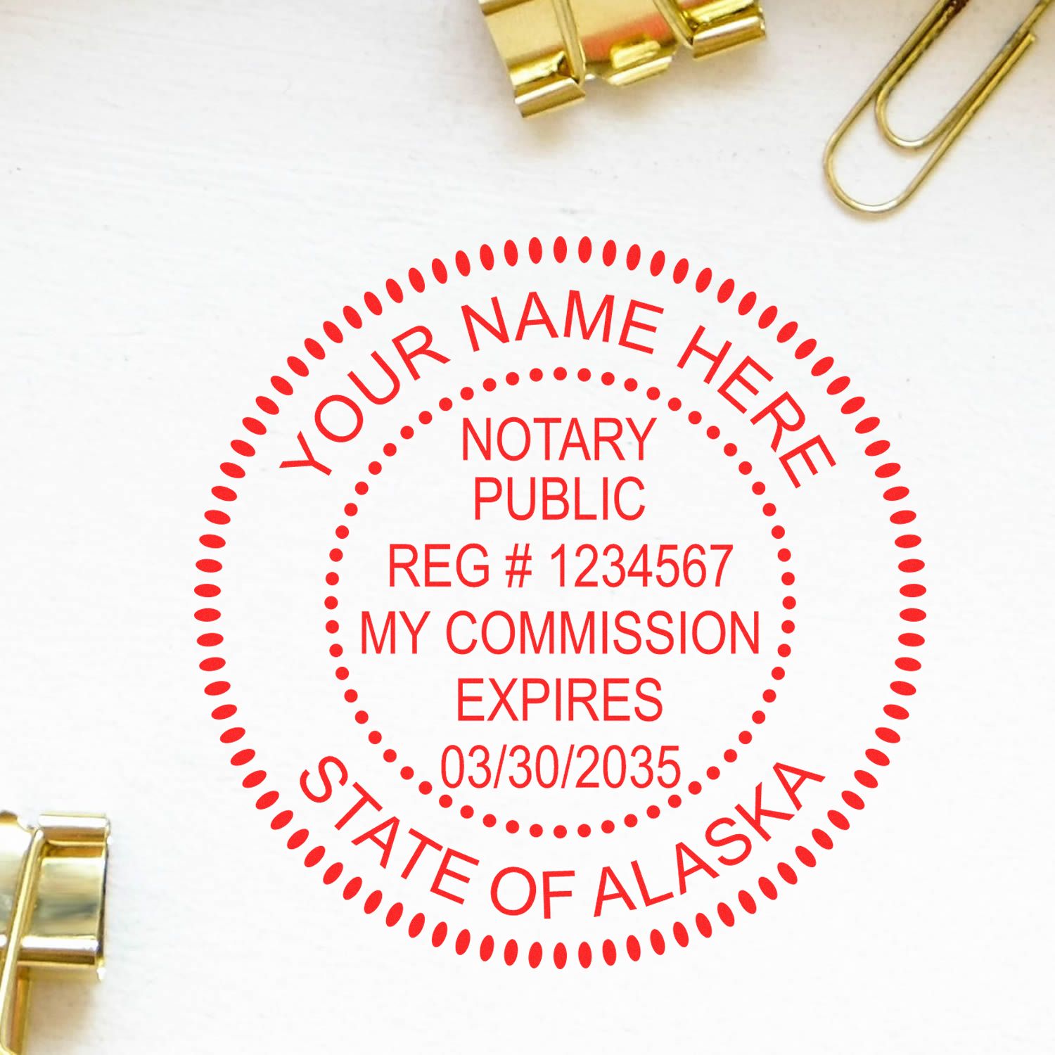 A stamped impression of the Slim Pre-Inked Round Notary Stamp for Alaska in this stylish lifestyle photo, setting the tone for a unique and personalized product.