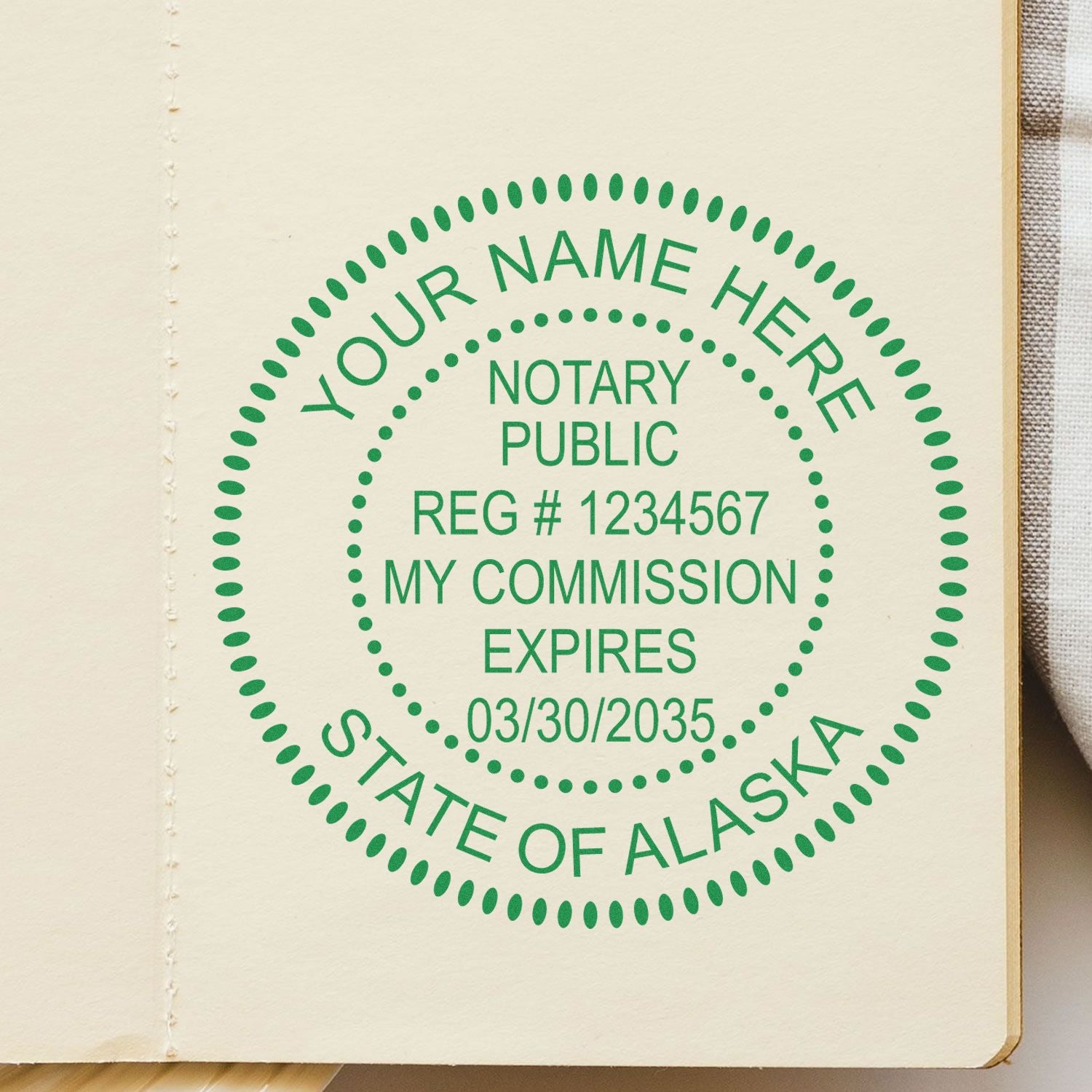 A photograph of the Official Self-Inking Alaska Notary Stamp stamp impression reveals a vivid, professional image of the on paper.