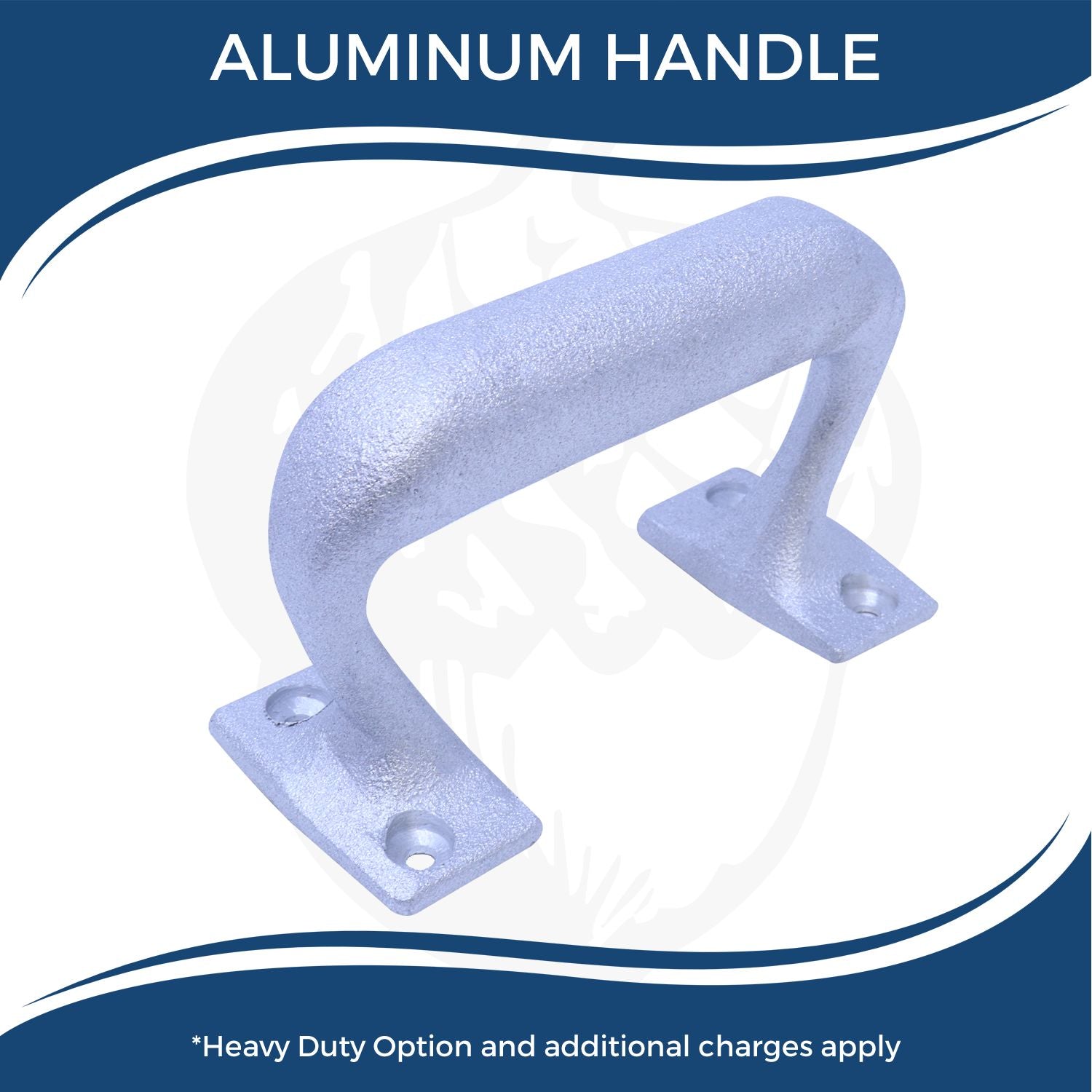 Aluminum handle option for Custom Rubber Stamp Size 5 x 6, shown in a metallic finish with mounting holes. Heavy-duty option, additional charges apply.