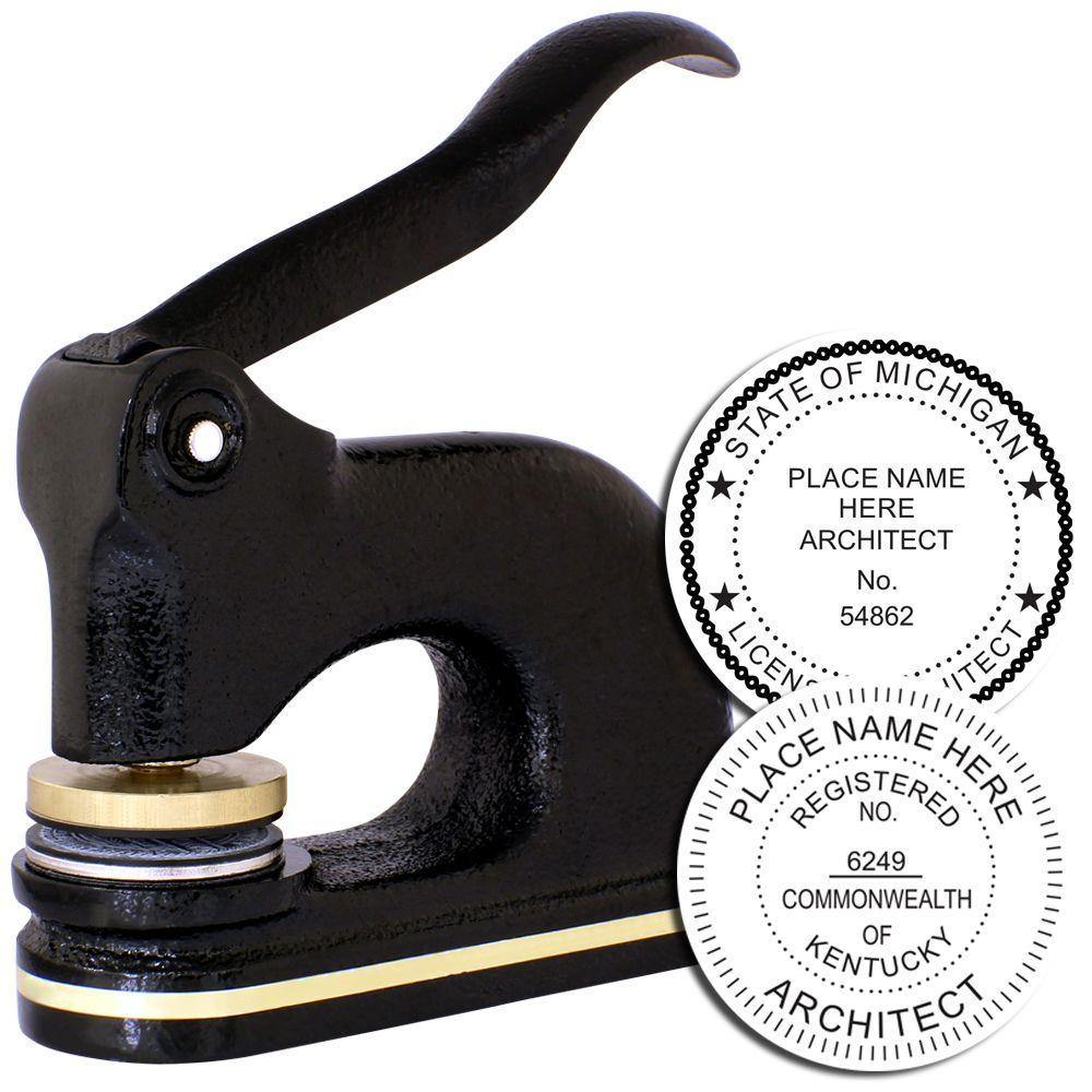 Architect Cast Iron Desk Seal Embosser in black with a gold accent, featuring two sample embossed seals for Michigan and Kentucky, showcasing its detailed and professional embossing capability.