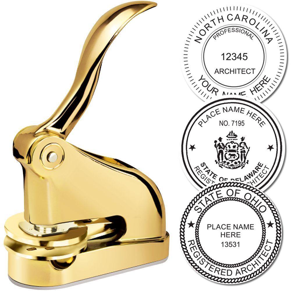 Architect Gold Gift Seal Embosser with a sleek gold finish, shown with sample embossed seals for North Carolina, Delaware, and Ohio.