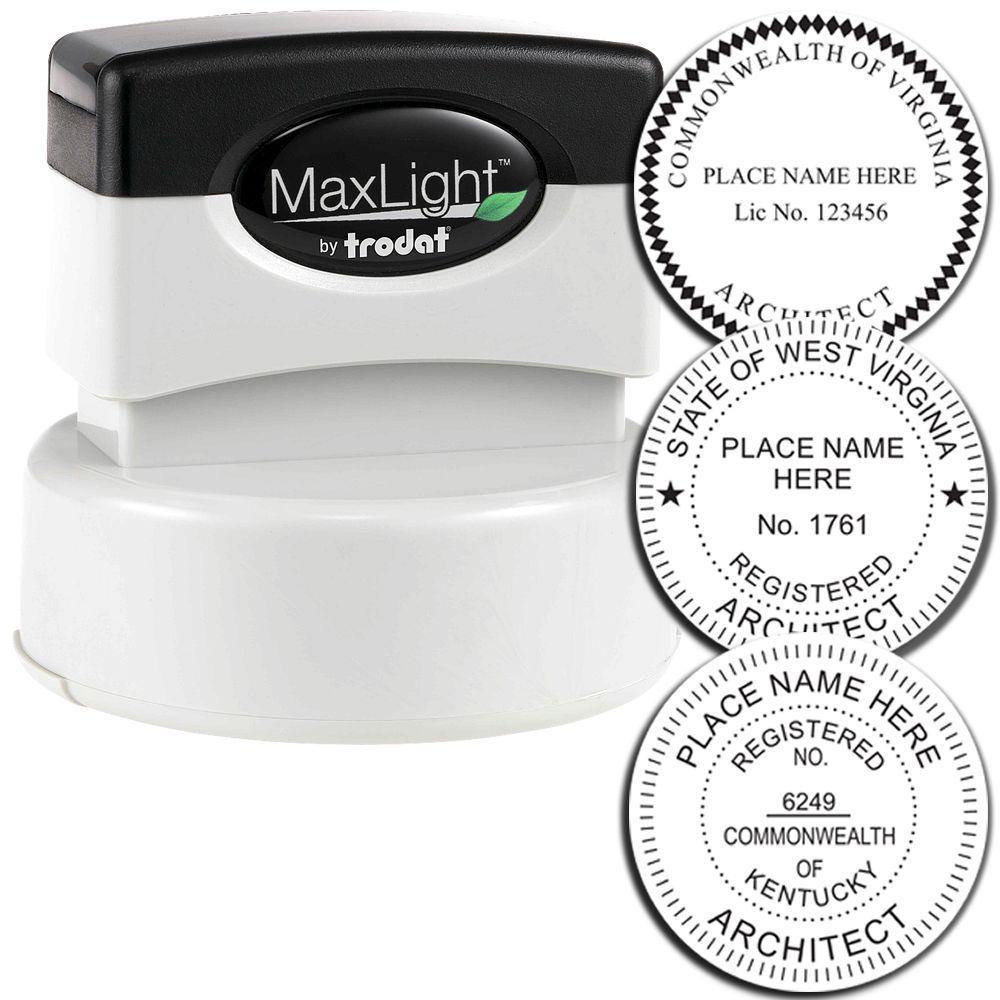 Image of the Architect MaxLight Pre Inked Rubber Stamp of Seal, featuring a black and white stamp with customizable seal designs for architects, including state and registration details.