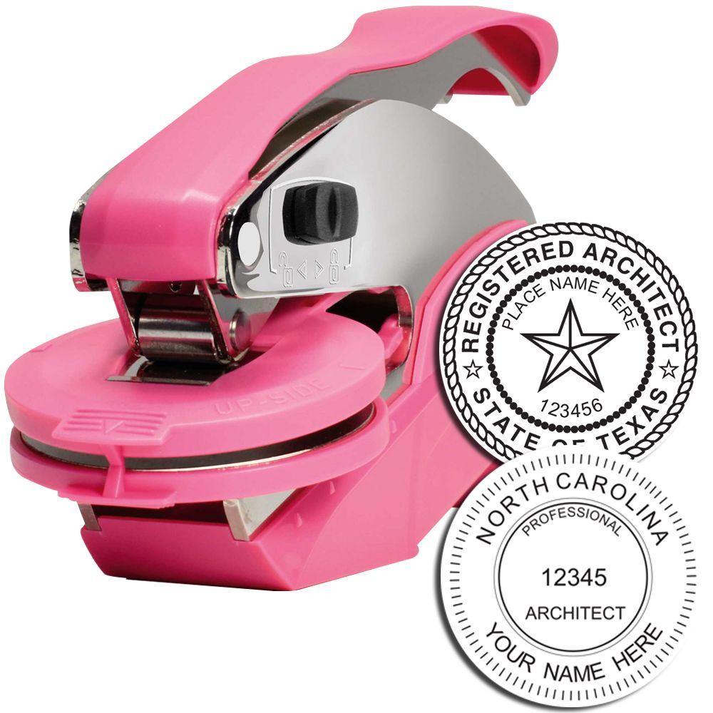 Architect Pink Hybrid Handheld Embosser with a sleek pink design, shown with two embossed sample seals for registered architects in Texas and North Carolina.