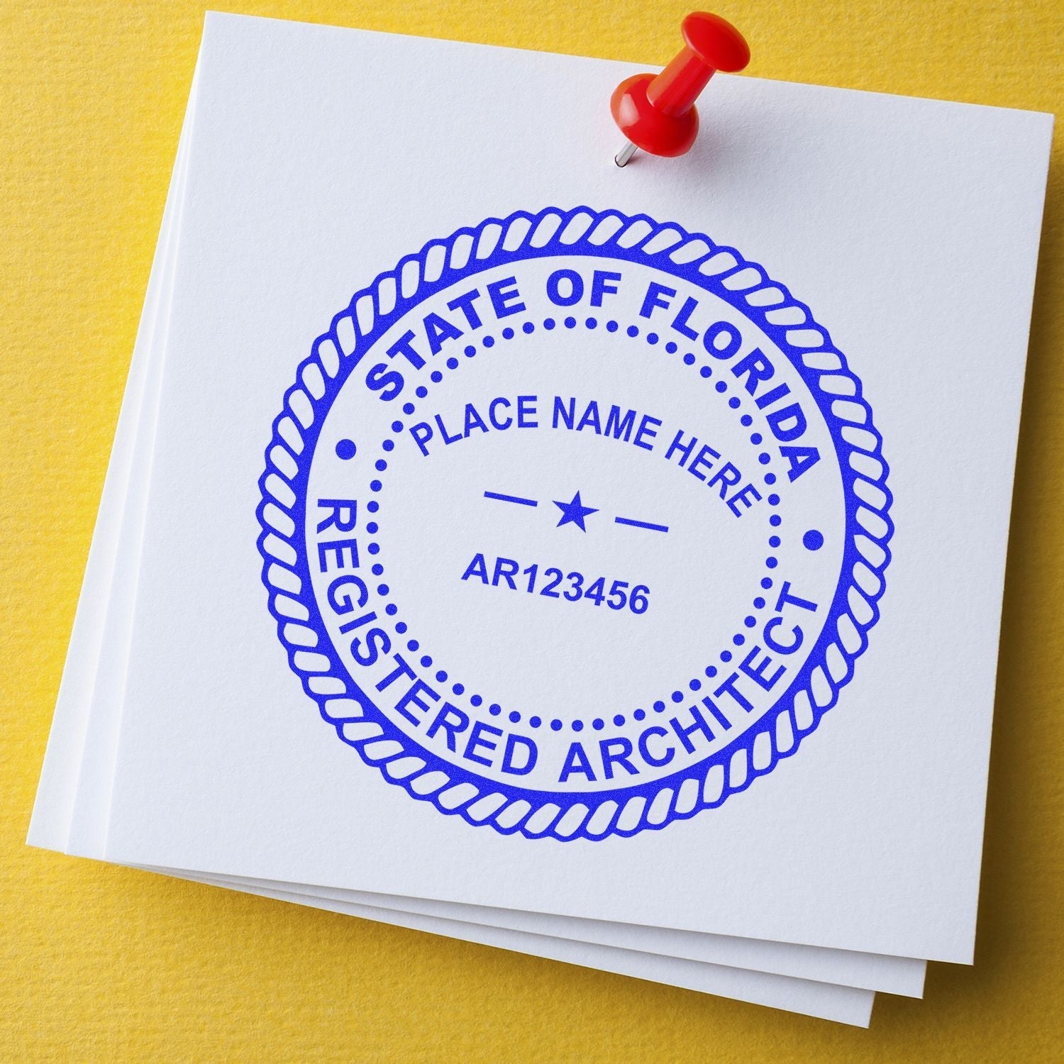 Custom Self Inking Stamp Trodat 46050 Size 2 Diameter used to create a blue State of Florida Registered Architect seal on white paper.