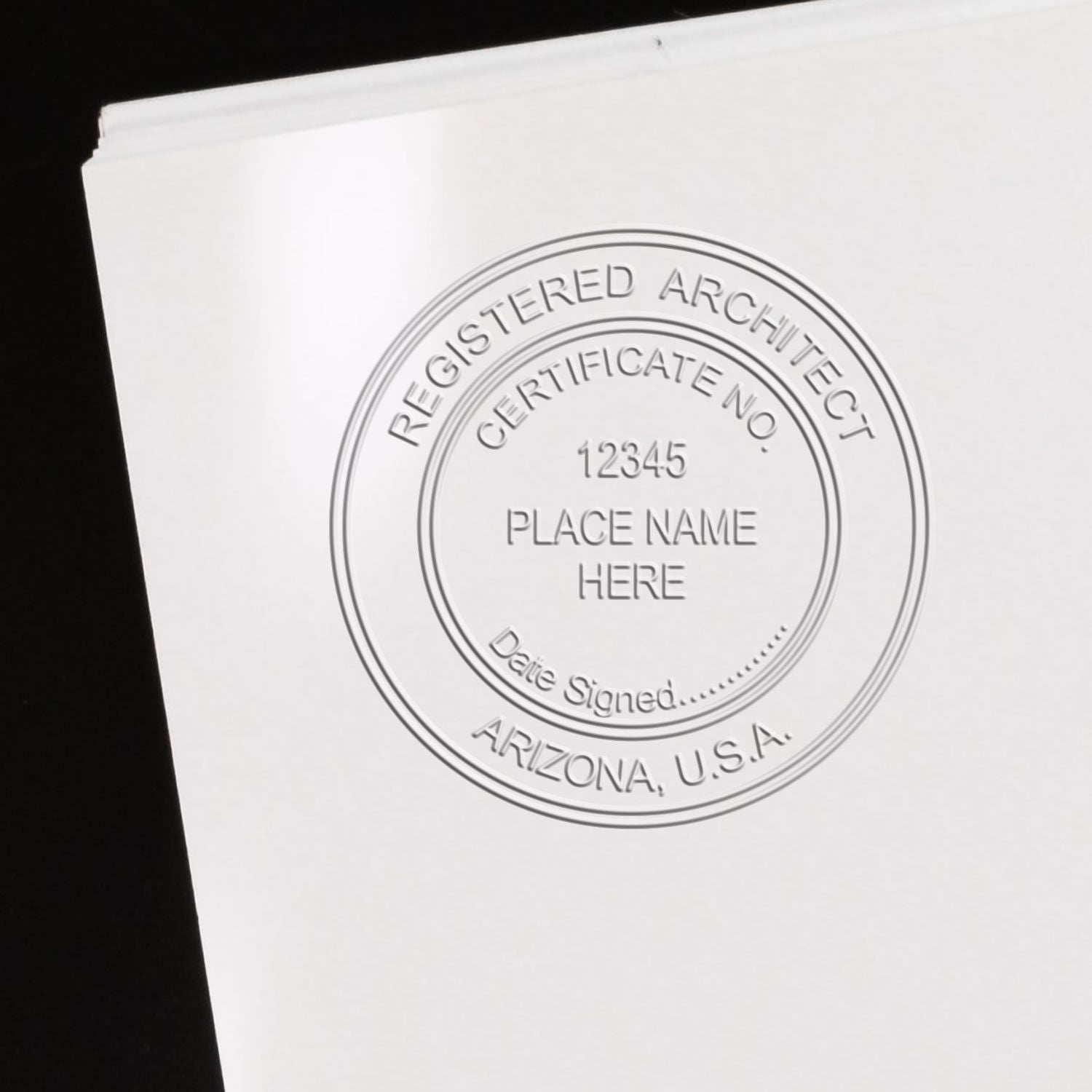 A photograph of the Hybrid Arizona Architect Seal stamp impression reveals a vivid, professional image of the on paper.