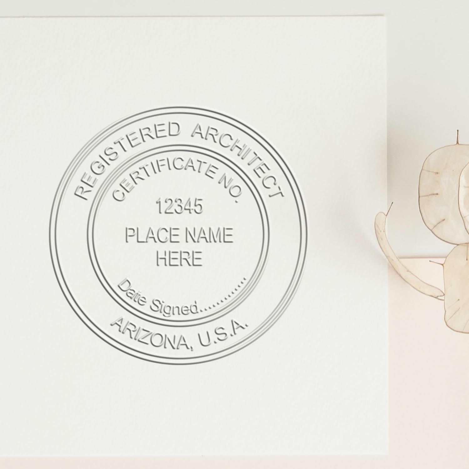 The Gift Arizona Architect Seal stamp impression comes to life with a crisp, detailed image stamped on paper - showcasing true professional quality.