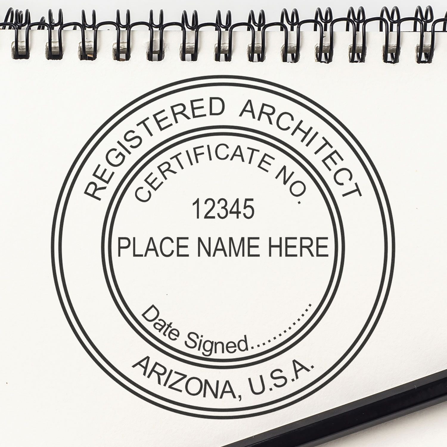 Digital Arizona Architect Stamp, Electronic Seal for Arizona Architect, displayed on a spiral-bound notebook with customizable fields.