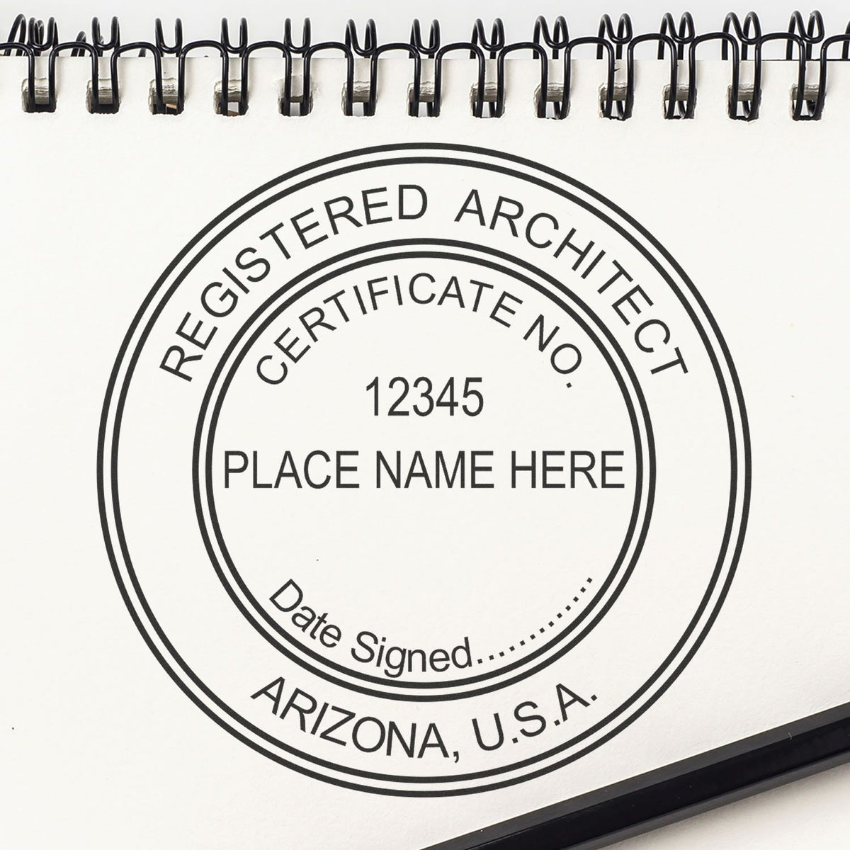 Slim Pre-Inked Arizona Architect Seal Stamp in use photo showing a stamped imprint of the Slim Pre-Inked Arizona Architect Seal Stamp