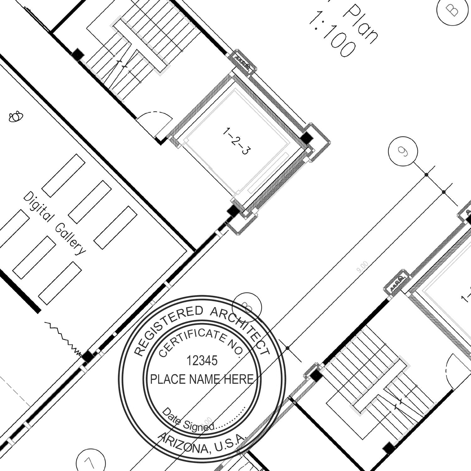 Architectural blueprint with a Premium MaxLight Pre-Inked Arizona Architectural Stamp marked "REGISTERED ARCHITECT, ARIZONA, U.S.A." and certificate details.