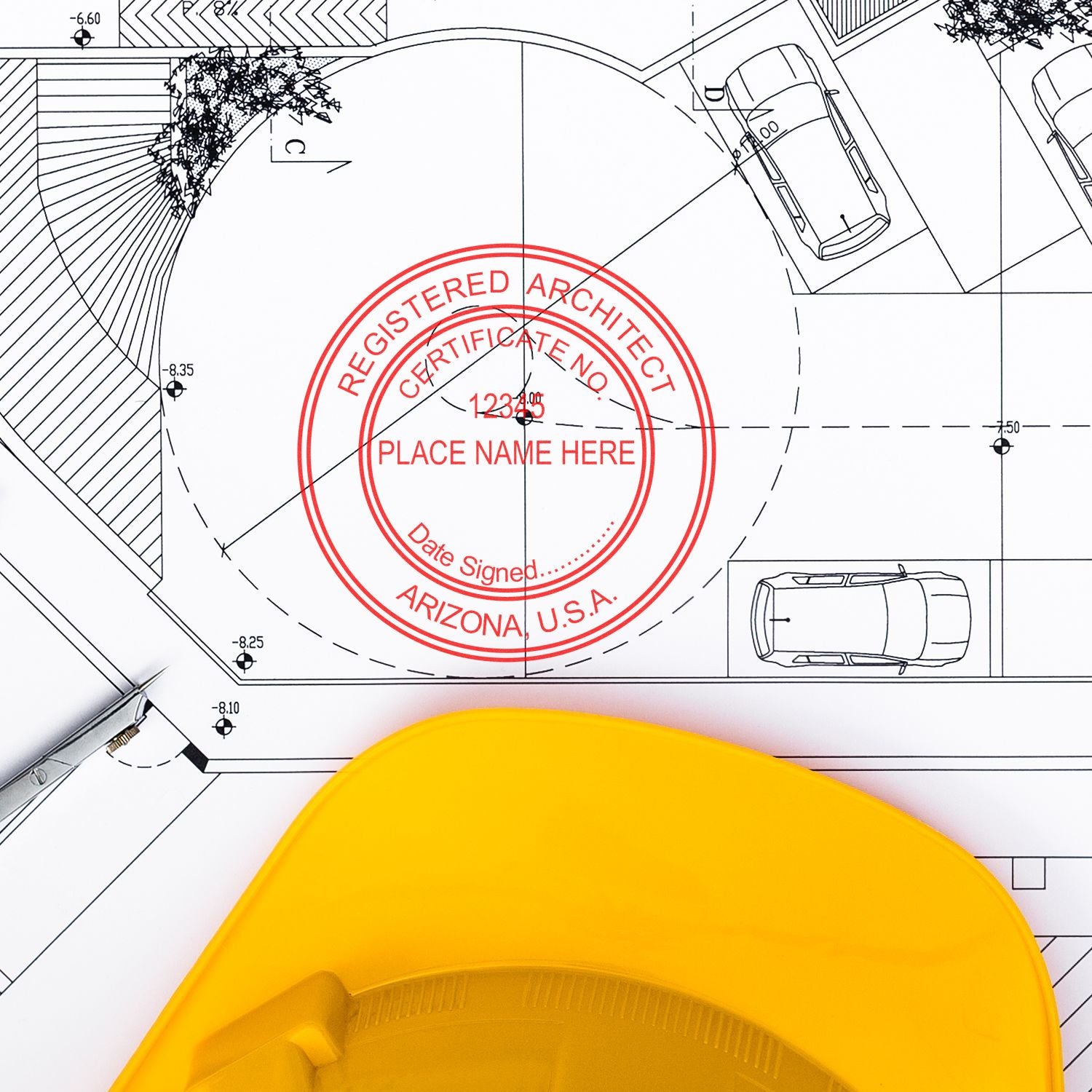 Digital Arizona Architect Stamp, Electronic Seal for Arizona Architect, on architectural blueprint with a yellow hard hat and pen nearby.