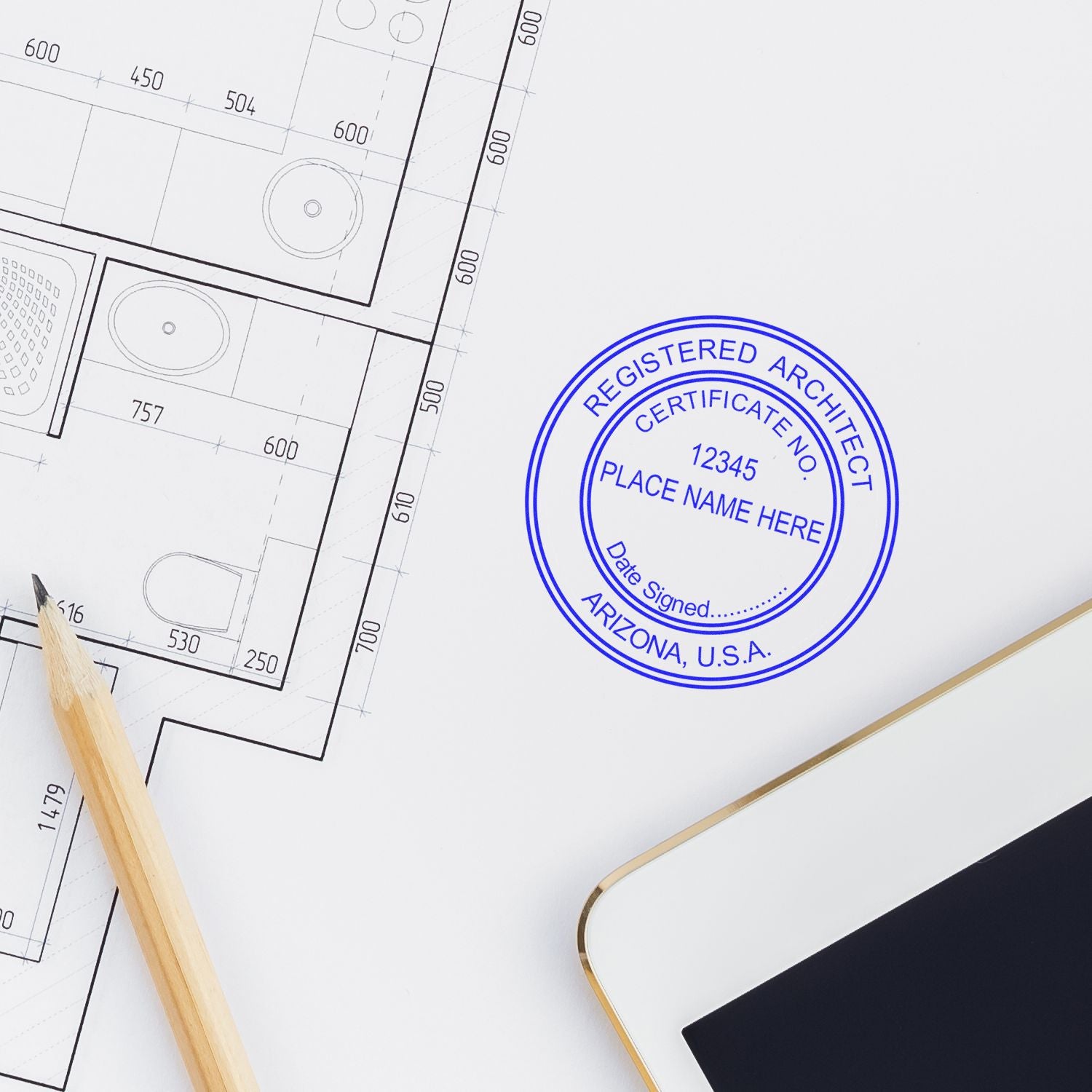 Digital Arizona Architect Stamp, Electronic Seal for Arizona Architect, displayed on architectural plans with a pencil and tablet nearby.