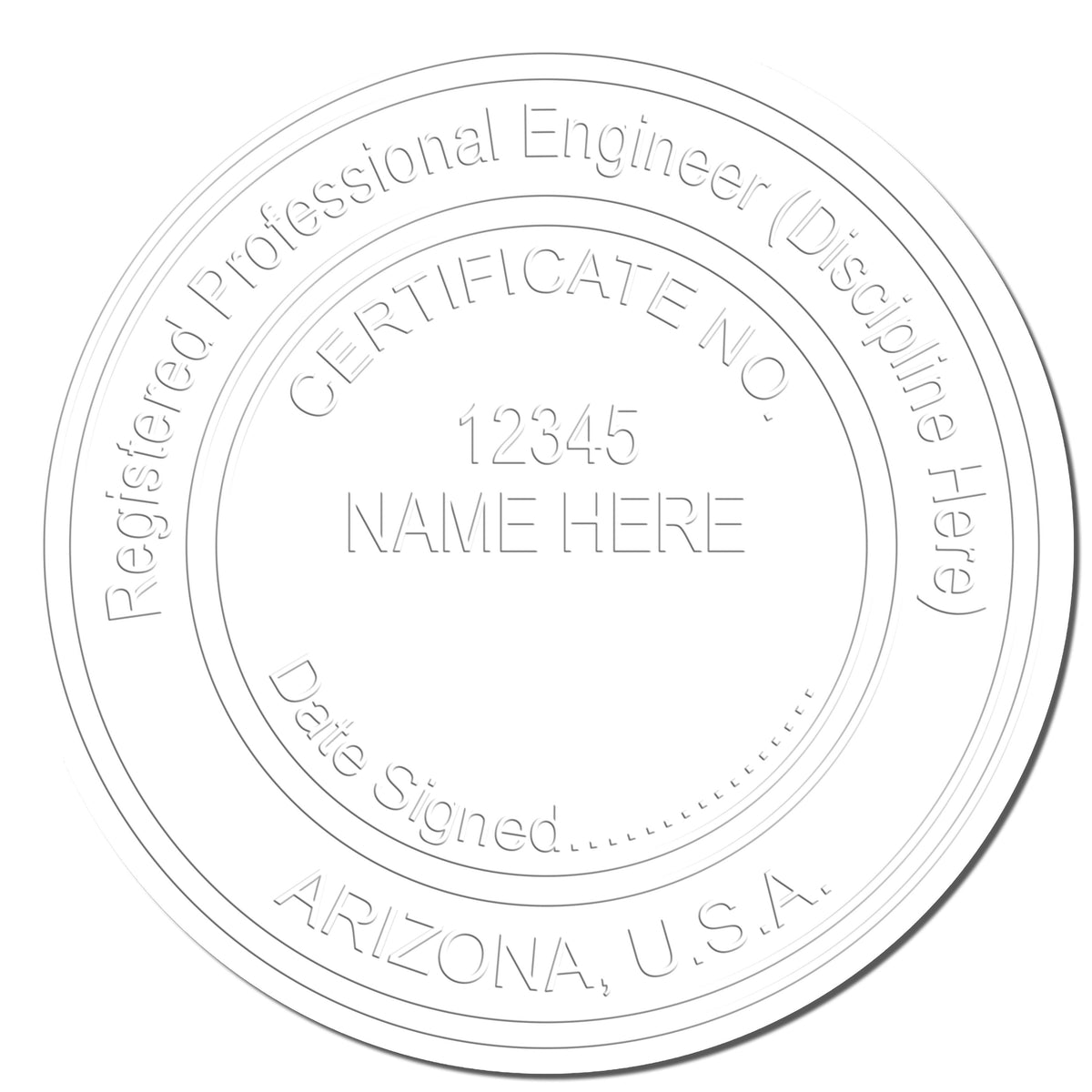 This paper is stamped with a sample imprint of the Heavy Duty Cast Iron Arizona Engineer Seal Embosser, signifying its quality and reliability.