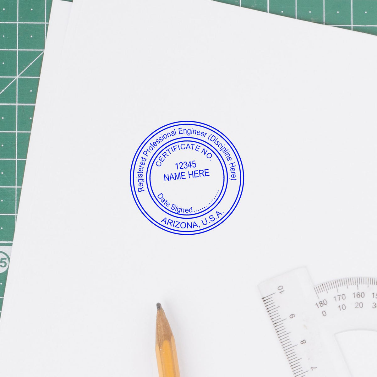 A stamped impression of the Arizona Professional Engineer Seal Stamp in this stylish lifestyle photo, setting the tone for a unique and personalized product.