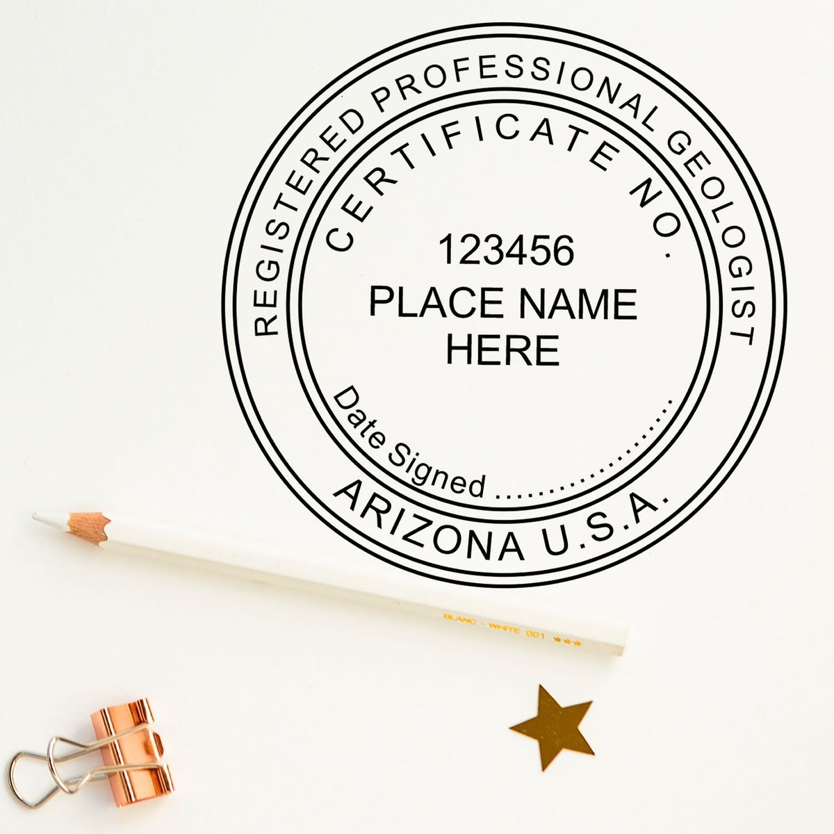 A lifestyle photo showing a stamped image of the Slim Pre-Inked Arizona Professional Geologist Seal Stamp on a piece of paper