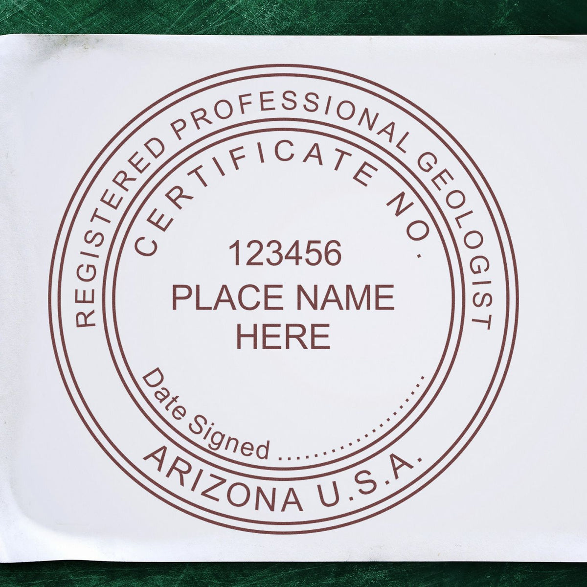 The Self-Inking Arizona Geologist Stamp stamp impression comes to life with a crisp, detailed image stamped on paper - showcasing true professional quality.