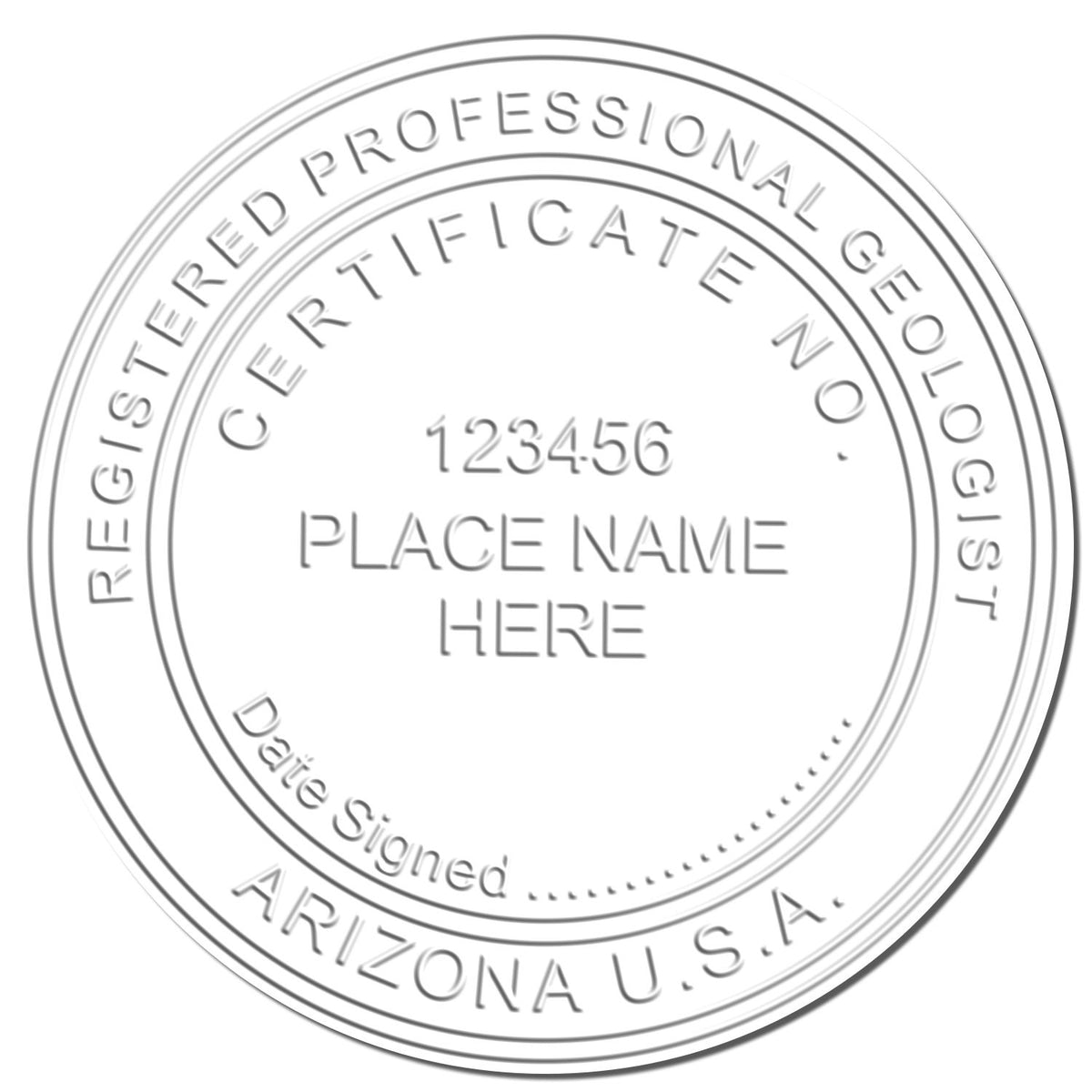 A photograph of the State of Arizona Extended Long Reach Geologist Seal stamp impression reveals a vivid, professional image of the on paper.
