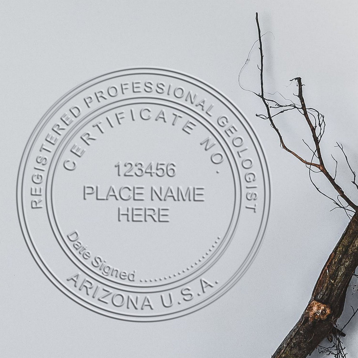 A stamped imprint of the State of Arizona Extended Long Reach Geologist Seal in this stylish lifestyle photo, setting the tone for a unique and personalized product.