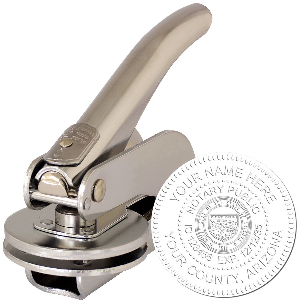 The main image for the Arizona Handheld Notary Seal Embosser depicting a sample of the imprint and electronic files