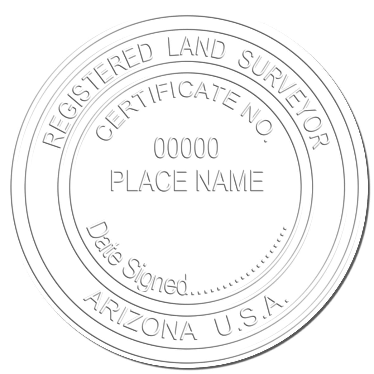 This paper is stamped with a sample imprint of the State of Arizona Soft Land Surveyor Embossing Seal, signifying its quality and reliability.