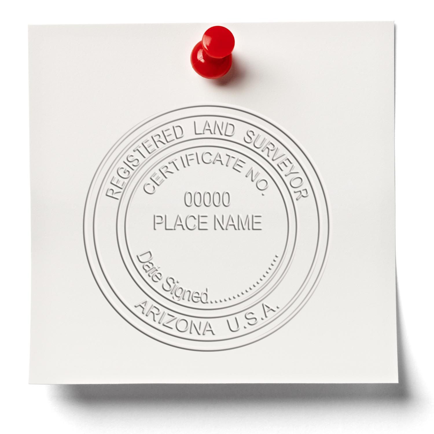 A photograph of the State of Arizona Soft Land Surveyor Embossing Seal stamp impression reveals a vivid, professional image of the on paper.