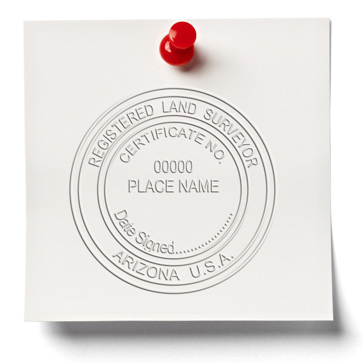 A photograph of the State of Arizona Soft Land Surveyor Embossing Seal stamp impression reveals a vivid, professional image of the on paper.