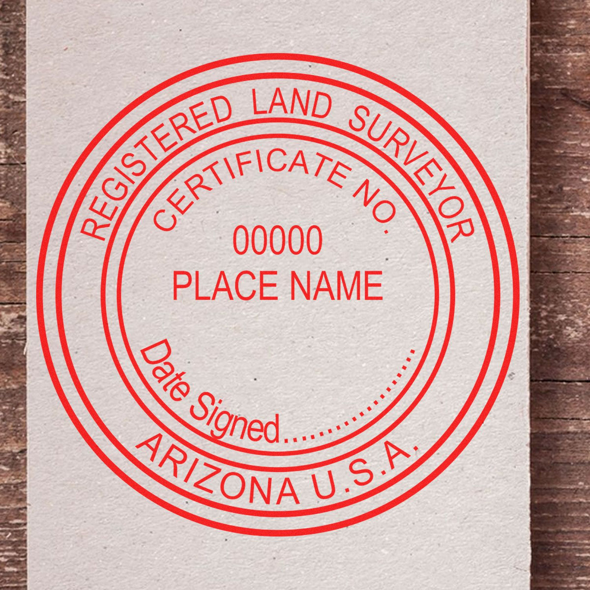 A lifestyle photo showing a stamped image of the Slim Pre-Inked Arizona Land Surveyor Seal Stamp on a piece of paper