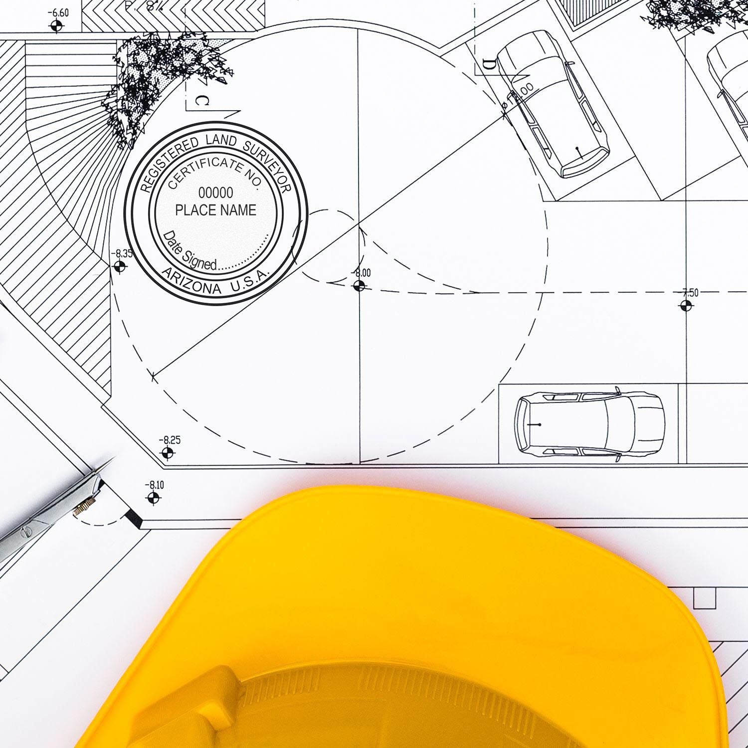 Digital Arizona Land Surveyor Stamp, Electronic Seal for Arizona Land Surveyor, on a detailed architectural blueprint with a yellow hard hat.