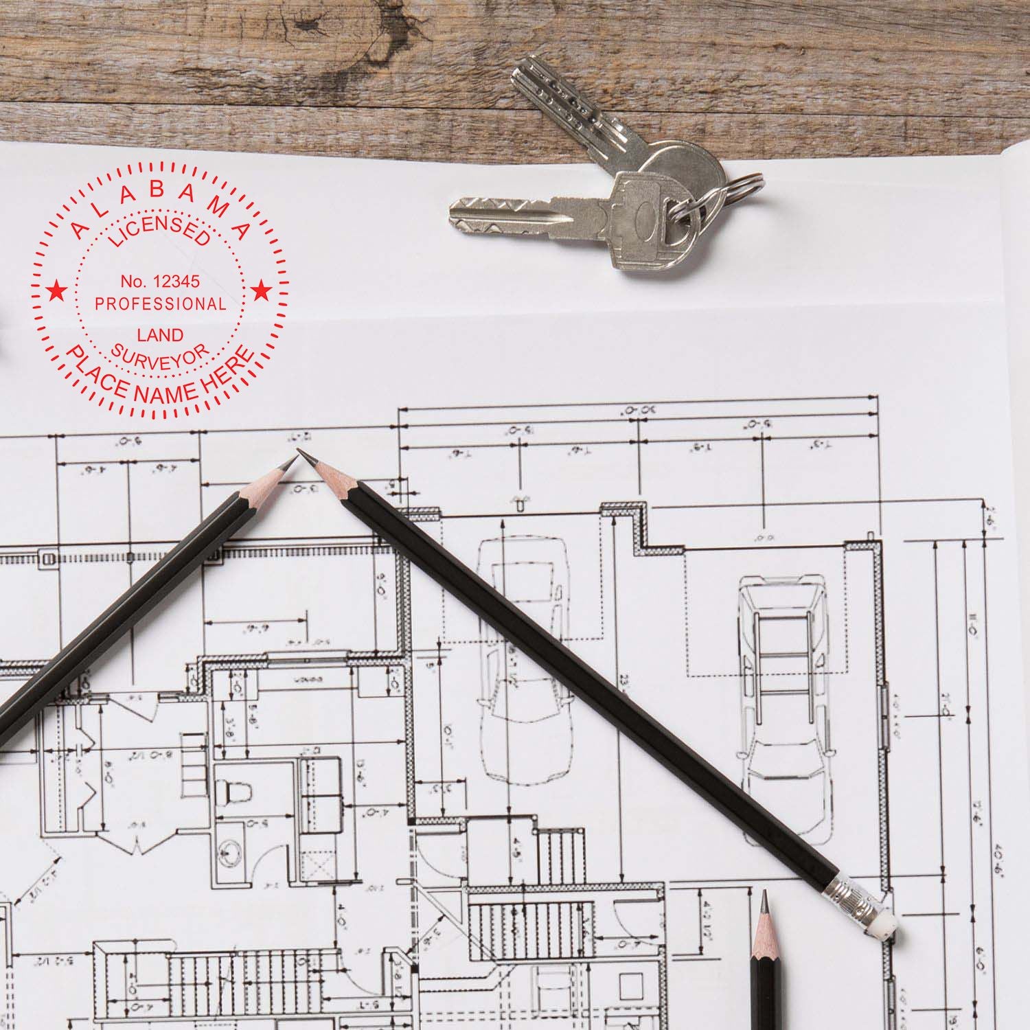 Blueprint with Digital Arizona Land Surveyor Stamp, Electronic Seal for Arizona Land Surveyor, two pencils, and keys on a wooden table.