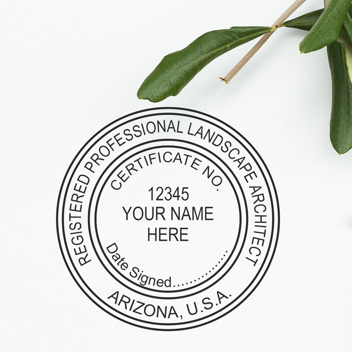 This paper is stamped with a sample imprint of the Slim Pre-Inked Arizona Landscape Architect Seal Stamp, signifying its quality and reliability.