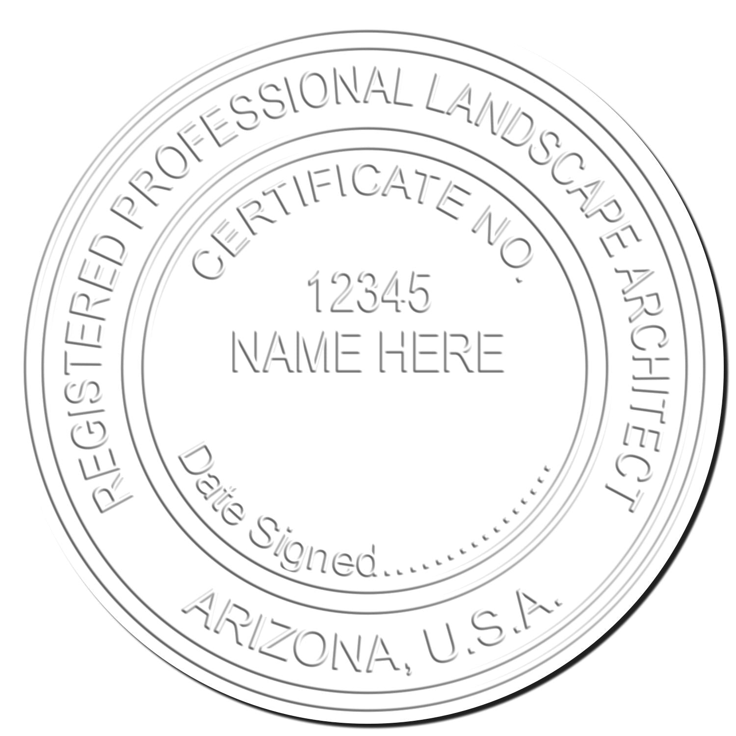 This paper is stamped with a sample imprint of the Arizona Long Reach Landscape Architect Embossing Stamp, signifying its quality and reliability.