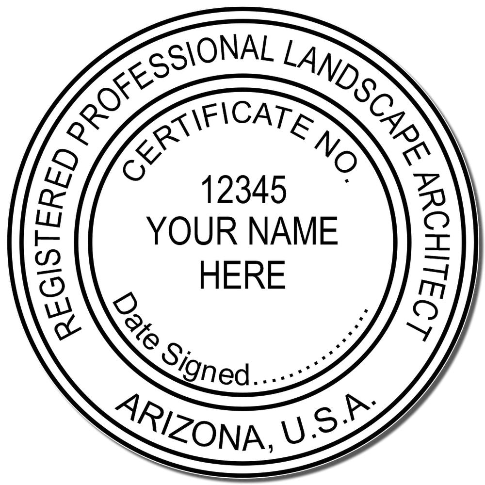A lifestyle photo showing a stamped image of the Slim Pre-Inked Arizona Landscape Architect Seal Stamp on a piece of paper