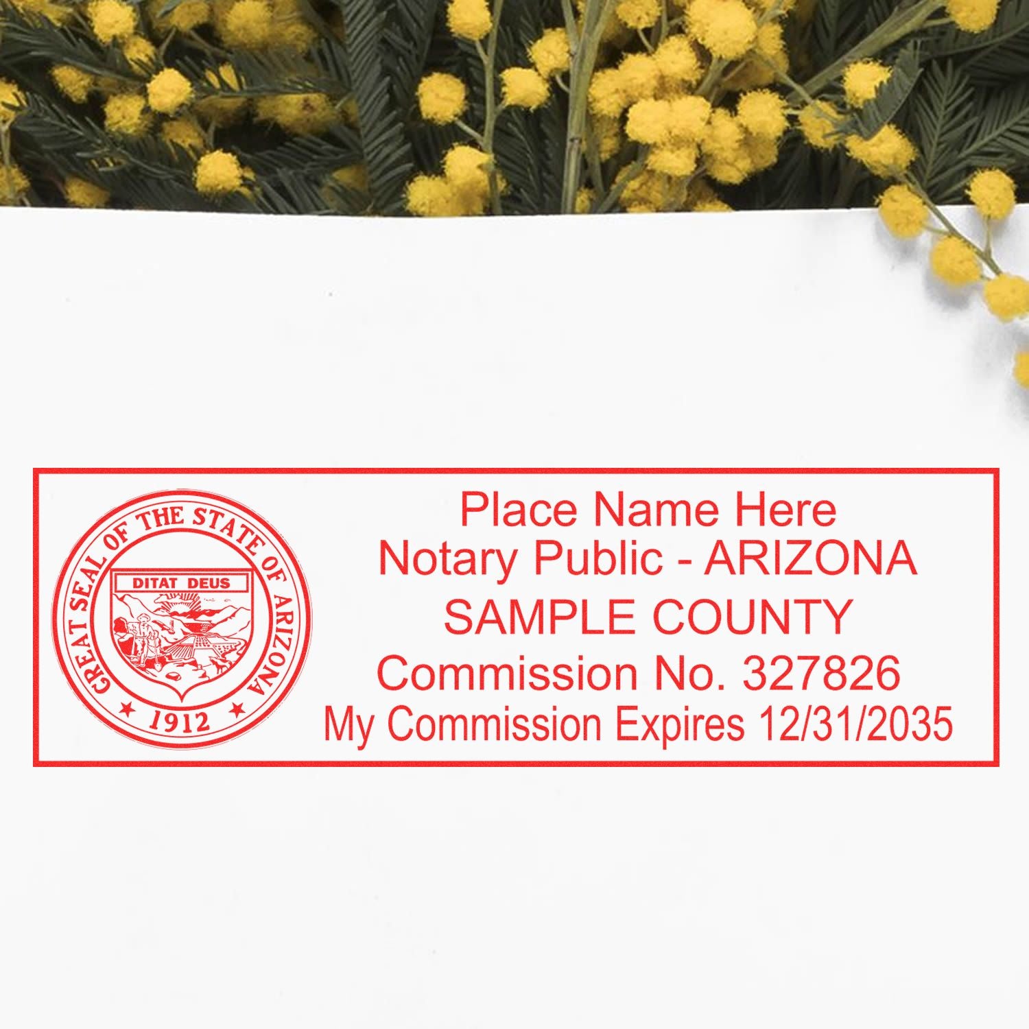 A photograph of the Arizona Rectangular Digital Notary Seal stamp impression reveals a vivid, professional image of the on paper.