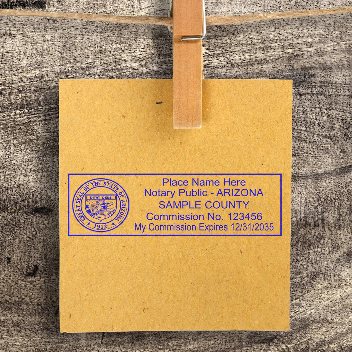 This paper is stamped with a sample imprint of the Wooden Handle Arizona State Seal Notary Public Stamp, signifying its quality and reliability.