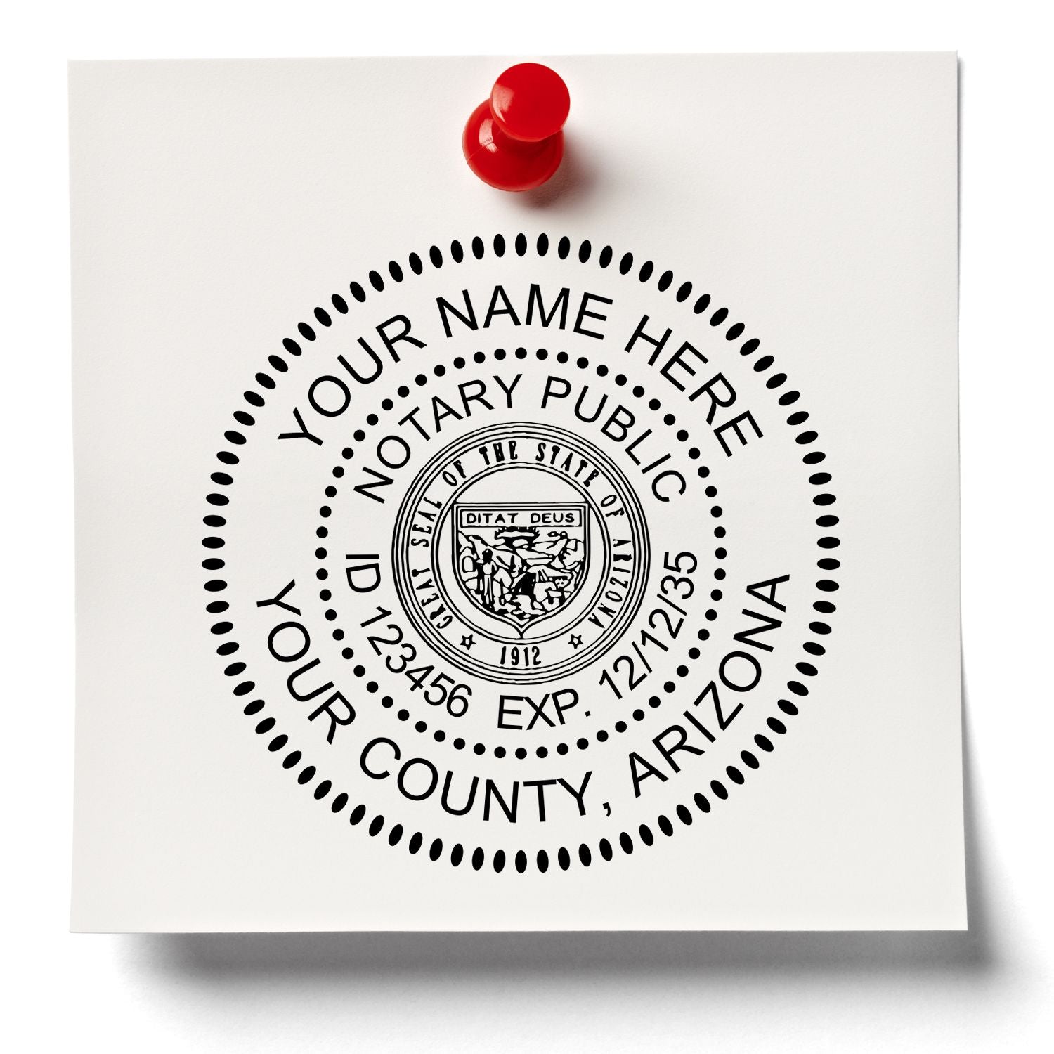 A lifestyle photo showing a stamped image of the Round Arizona Notary Public Seal Stamp on a piece of paper