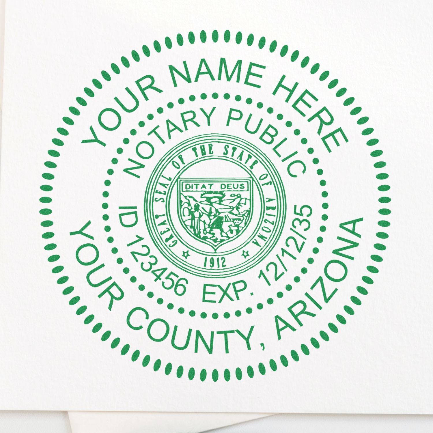 A photograph of the Round Arizona Notary Public Seal Stamp stamp impression reveals a vivid, professional image of the on paper.