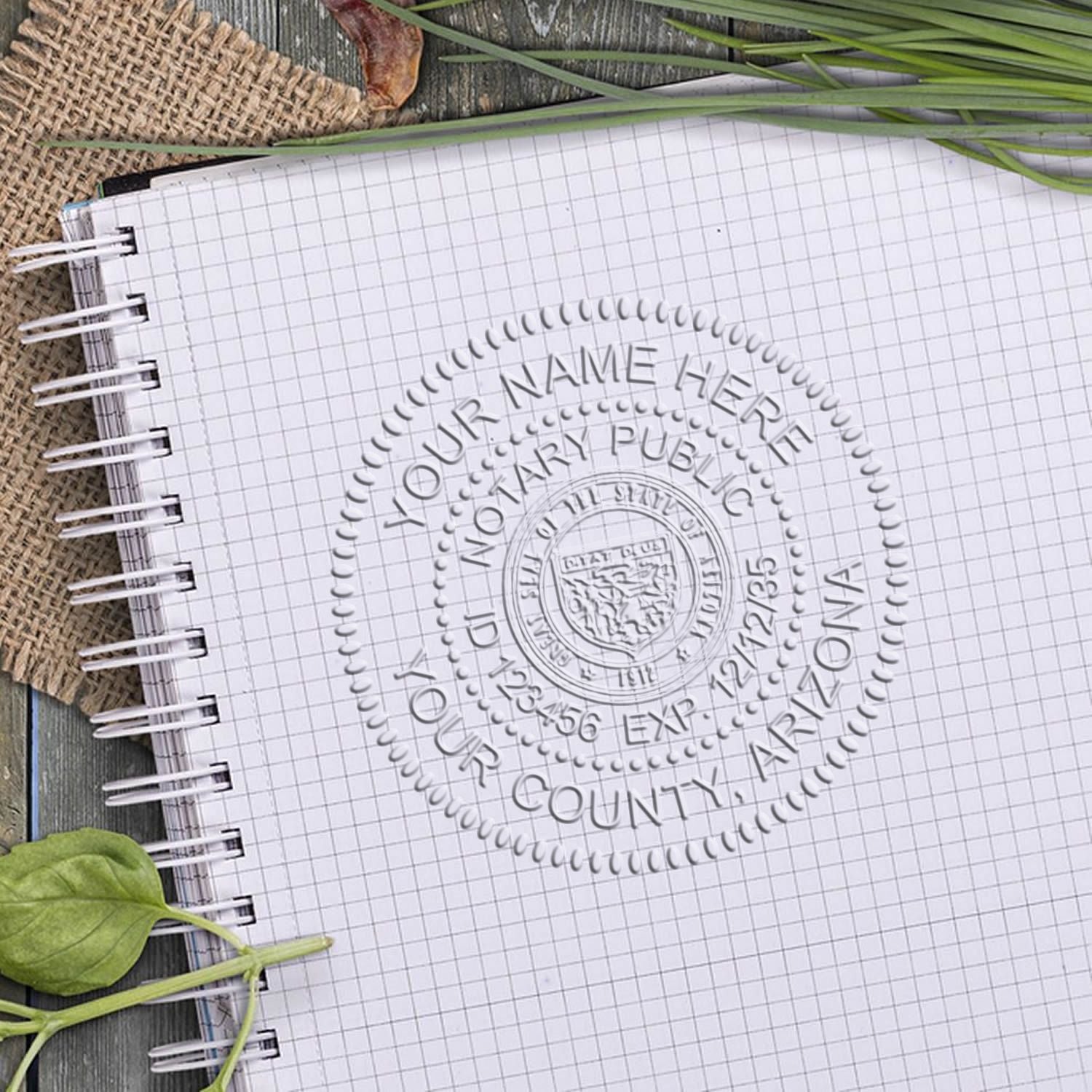 This paper is stamped with a sample imprint of the Arizona Desk Notary Public Seal, signifying its quality and reliability.