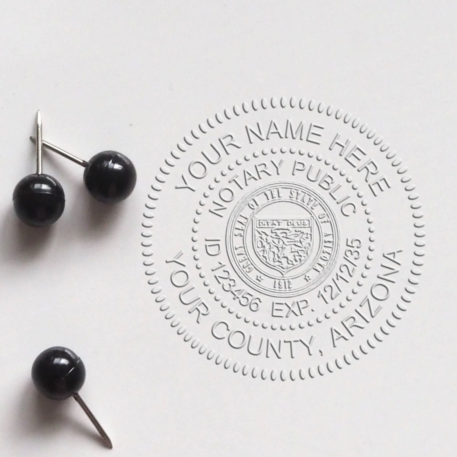 A photograph of the Arizona Desk Notary Public Seal stamp impression reveals a vivid, professional image of the on paper.