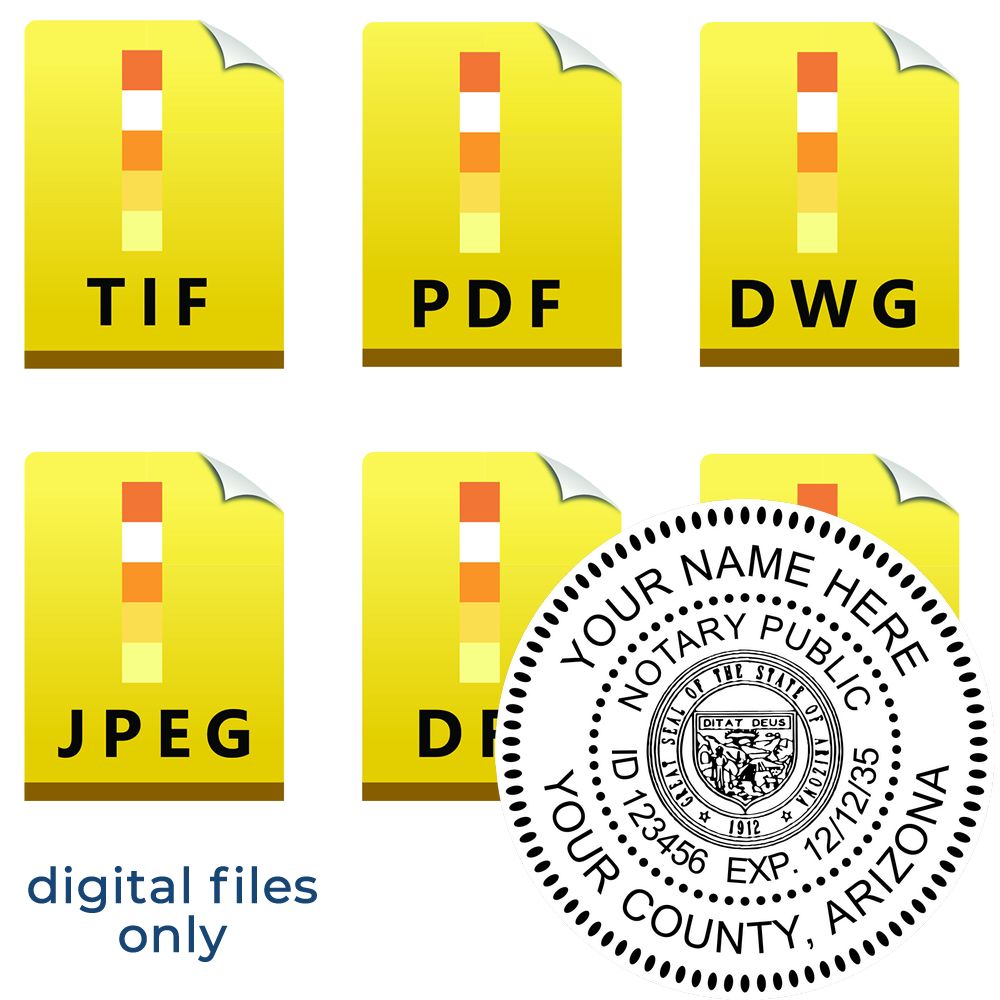 The main image for the Arizona Round Electronic Notary Stamp depicting a sample of the imprint and electronic files