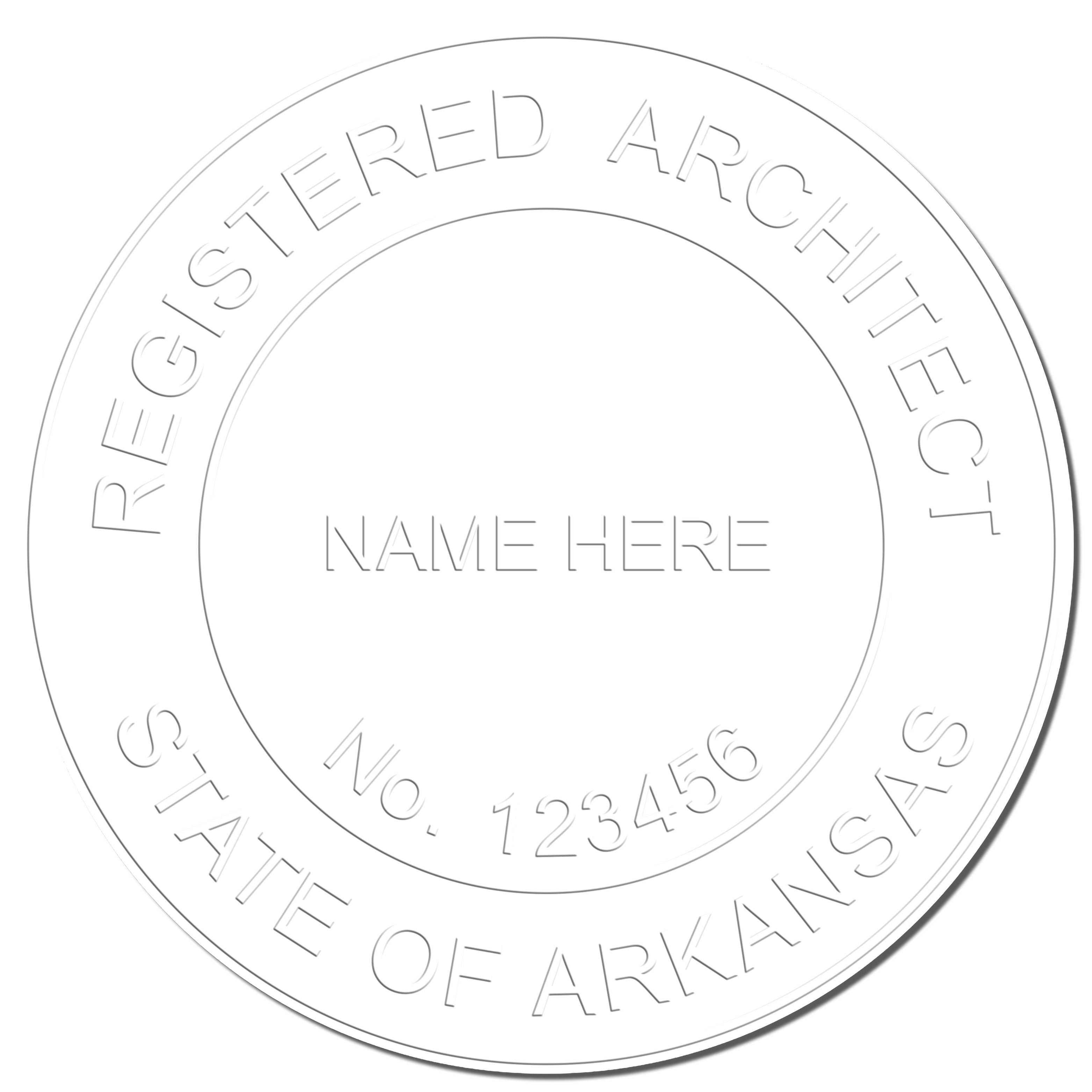 A photograph of the Arkansas Desk Architect Embossing Seal stamp impression reveals a vivid, professional image of the on paper.