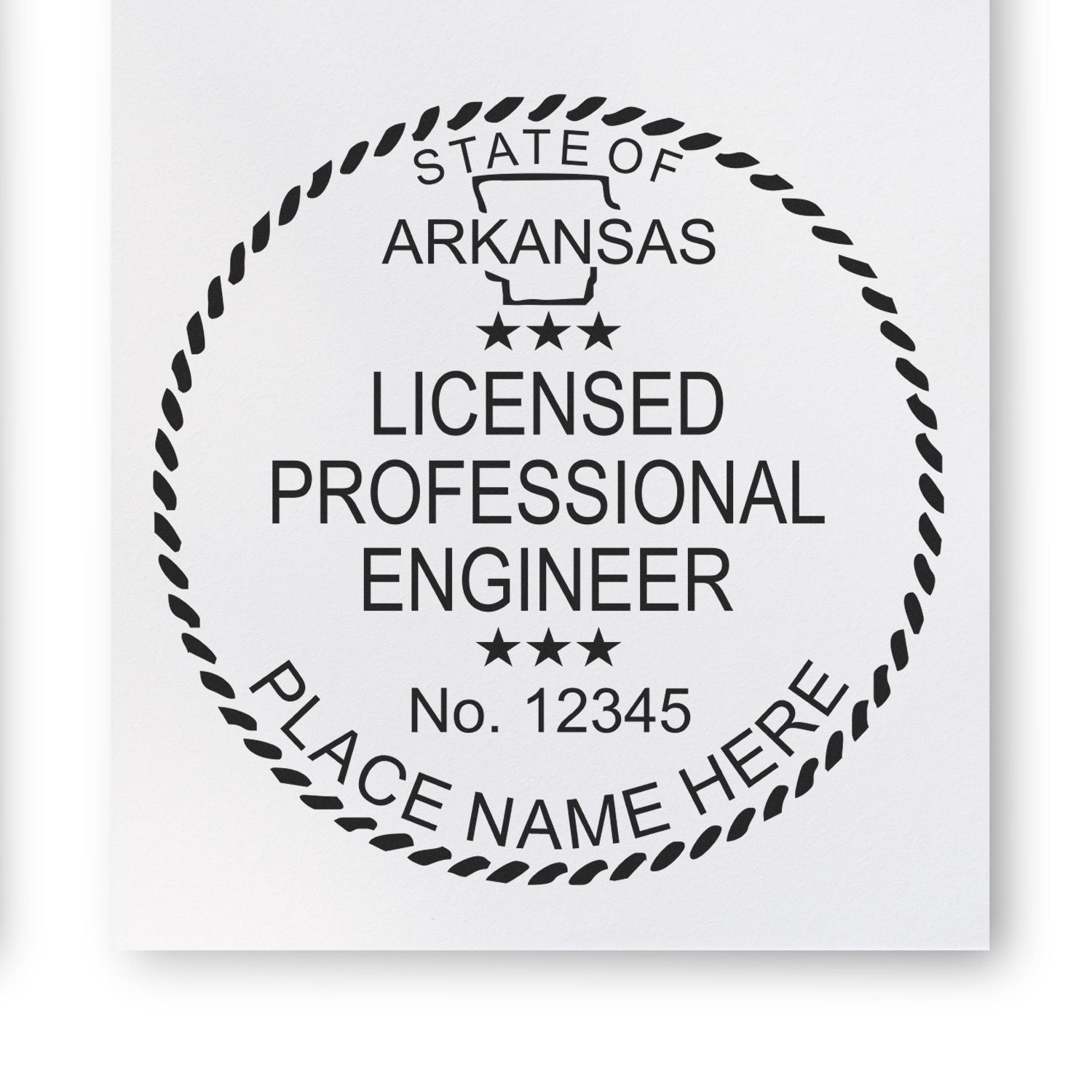 The main image for the Self-Inking Arkansas PE Stamp depicting a sample of the imprint and electronic files