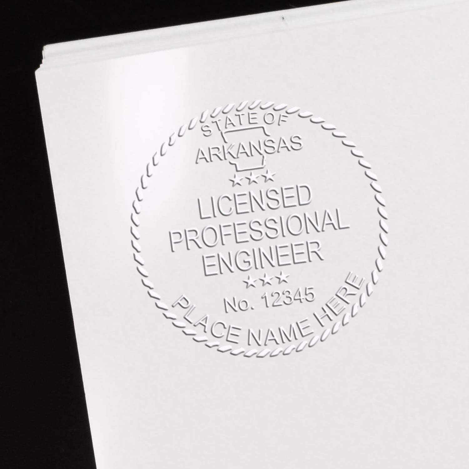 A photograph of the Soft Arkansas Professional Engineer Seal stamp impression reveals a vivid, professional image of the on paper.