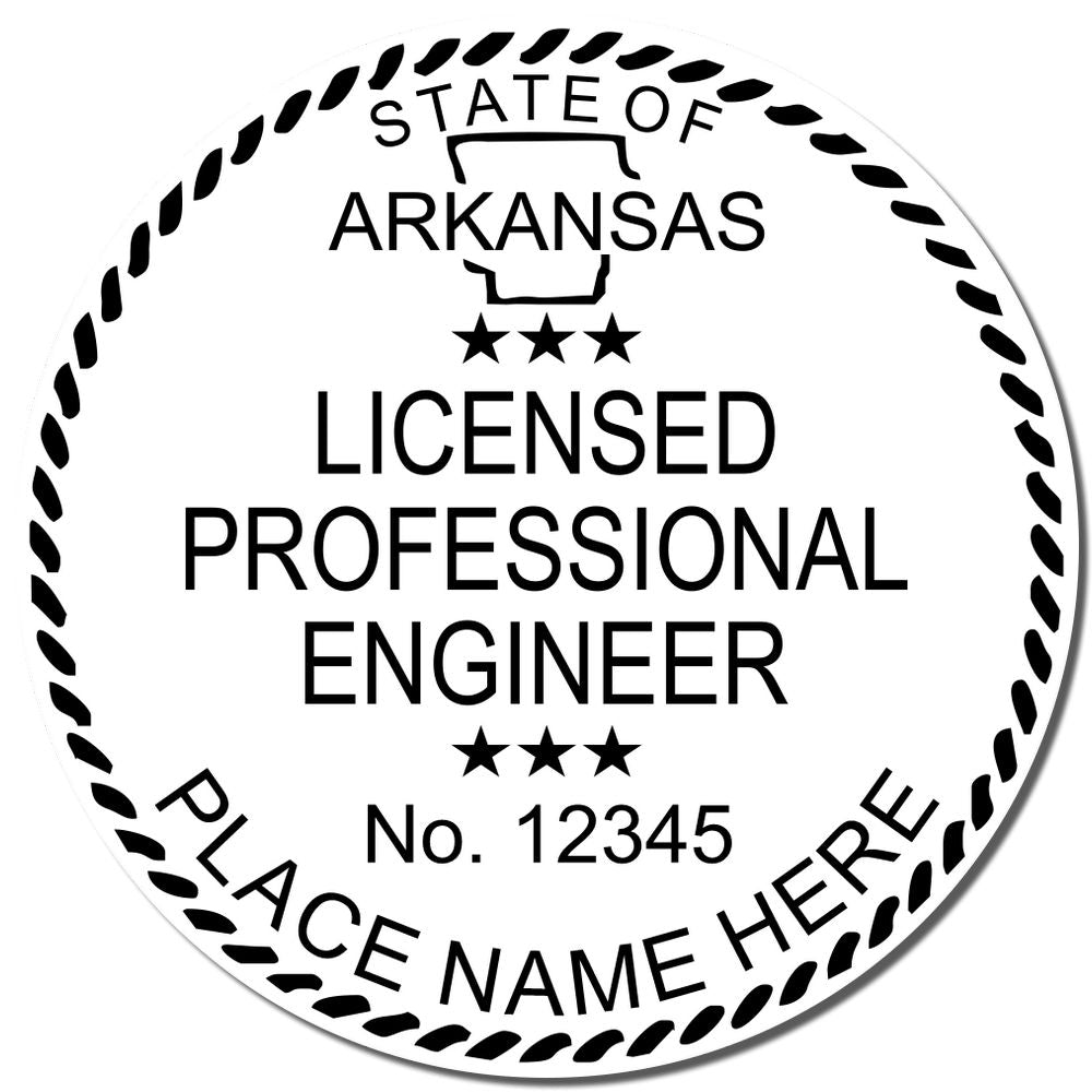 An alternative view of the Digital Arkansas PE Stamp and Electronic Seal for Arkansas Engineer stamped on a sheet of paper showing the image in use