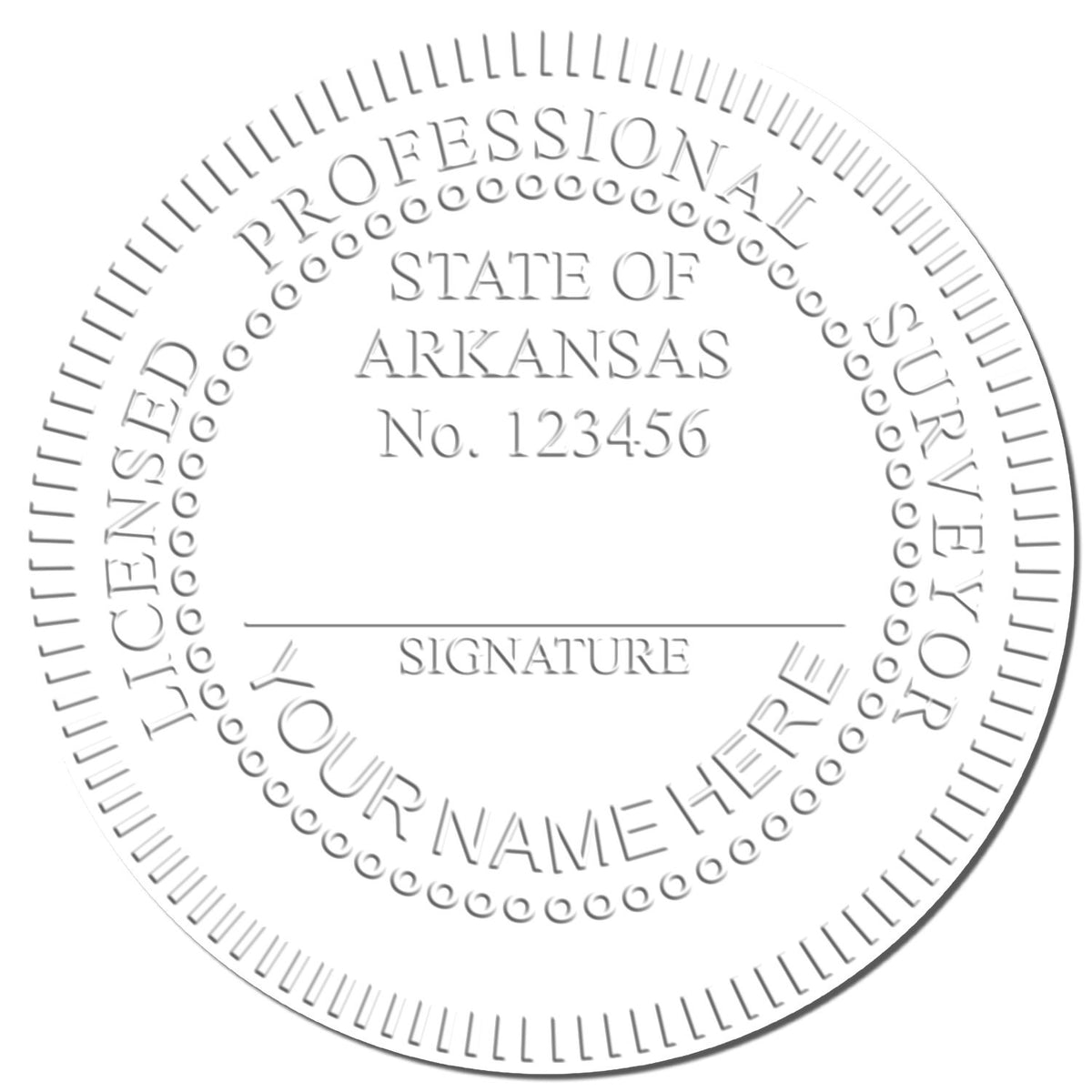 This paper is stamped with a sample imprint of the State of Arkansas Soft Land Surveyor Embossing Seal, signifying its quality and reliability.