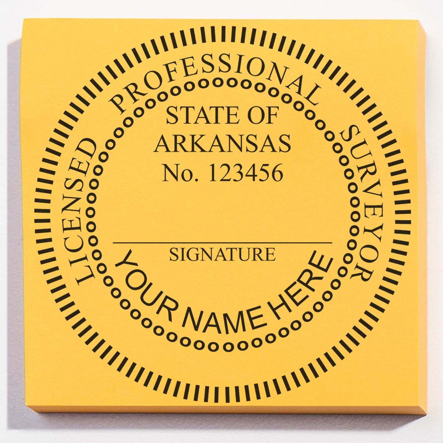 Digital Arkansas Land Surveyor Stamp, Electronic Seal for Arkansas Land Surveyor, featuring customizable fields for name, number, and signature.