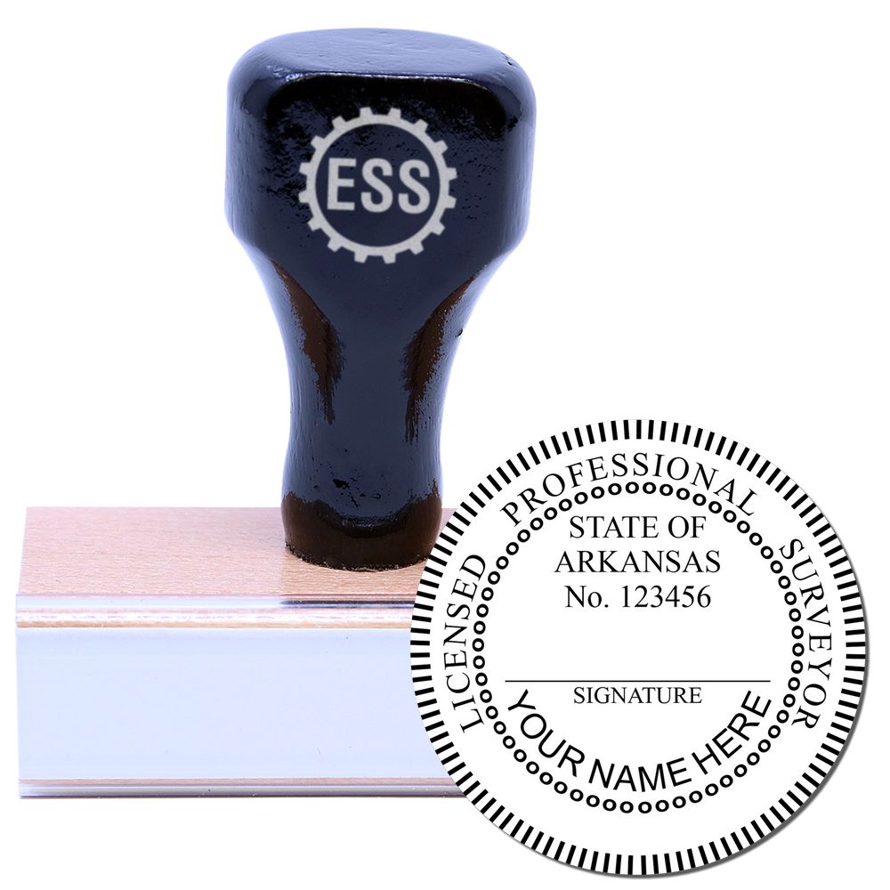 Arkansas Land Surveyor Seal Stamp, AR PLS Stamp with a wooden handle and a circular imprint displaying state and professional details.